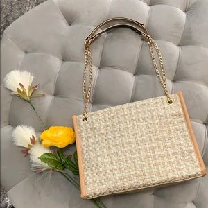 M Boutique! Tan And Cream Tweed Rectangle Tote